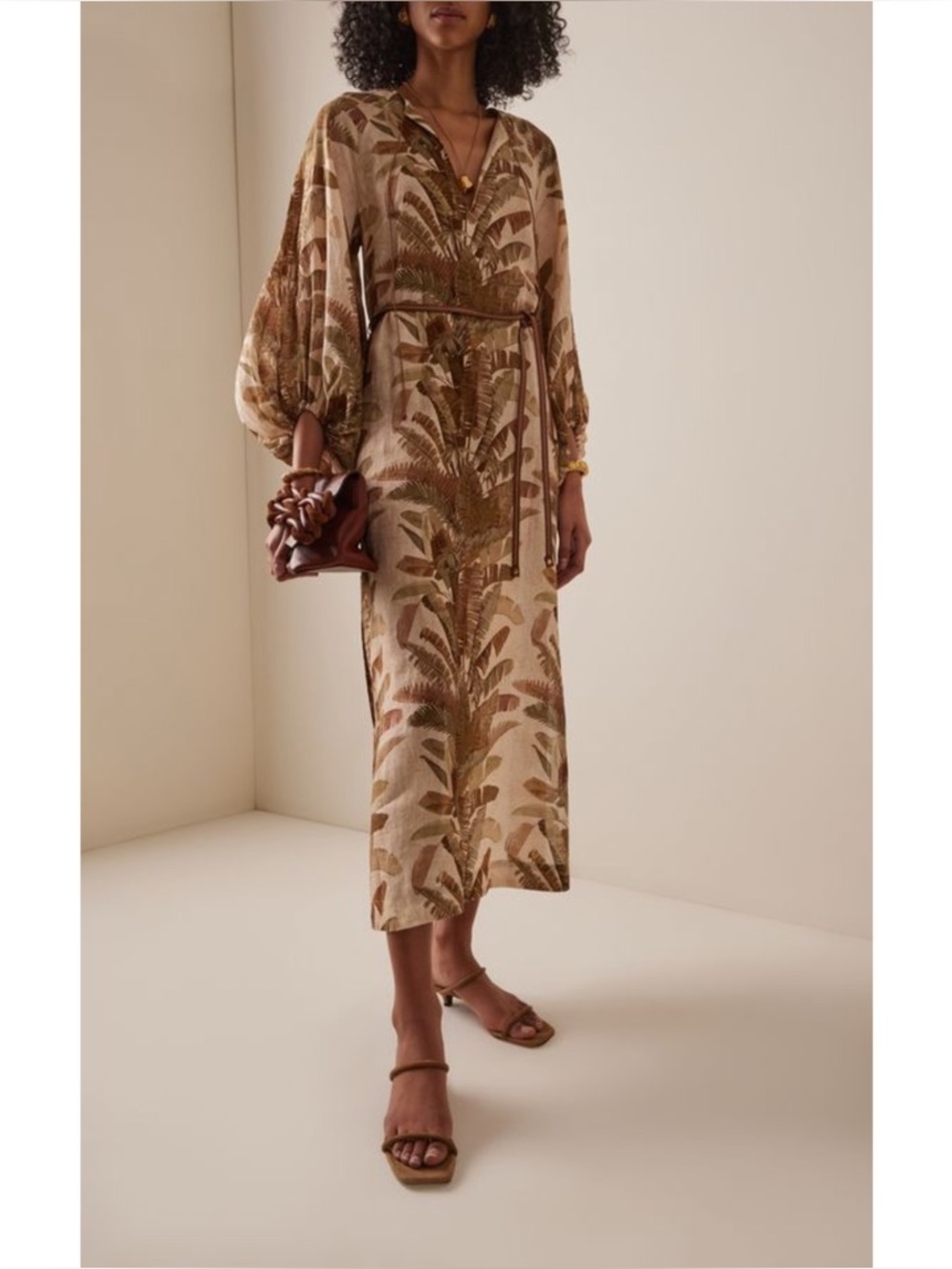 Zimmermann Ascension Tropical Midi Dress Long Sleeve Linen Green Palm US 10 AU 3